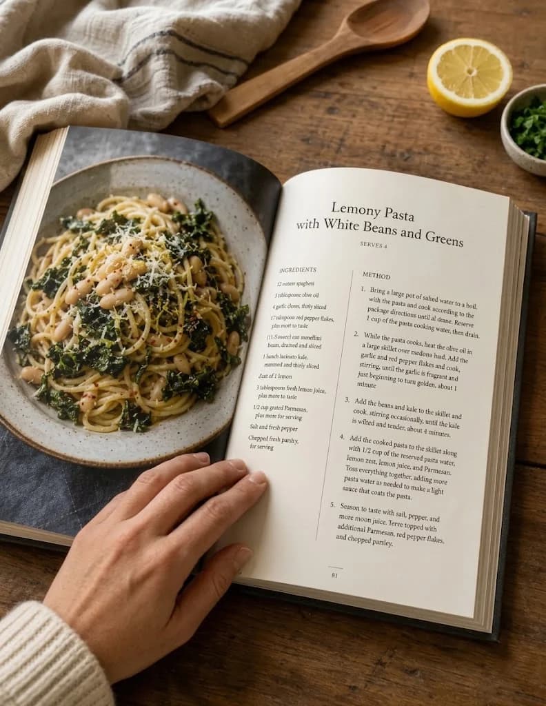 An open family cookbook showing a full-page photo of lemony pasta beside the typeset recipe
