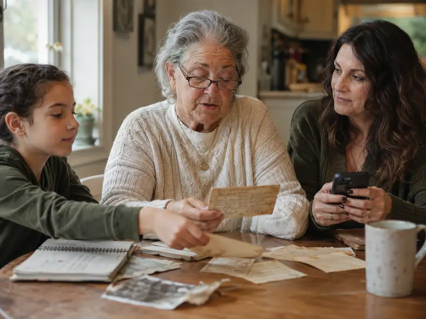 Three generations sorting through handwritten recipe cards at the kitchen table