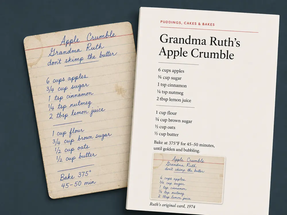 A handwritten recipe card beside the same recipe typeset as a cookbook page